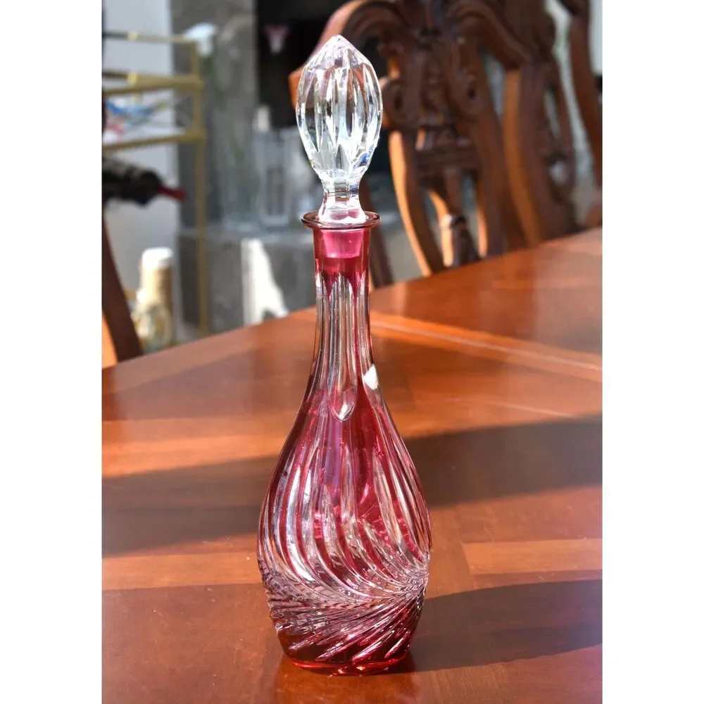 Vintage Lausitzer German Burgundy Cranberry Crystal Decanter with Topper